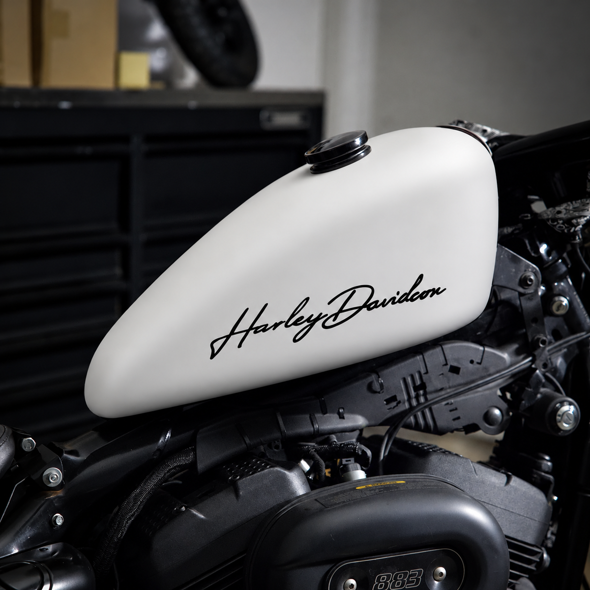 Matte White Harley-Davidson Sportster Tank Cover – Black Script | 3.3 Gallon (12.5L)